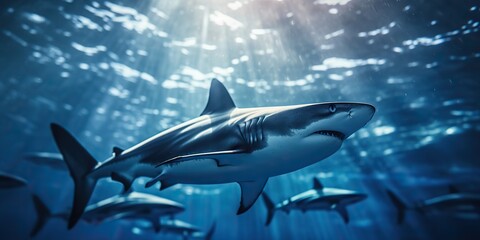Naklejka premium Wild life under water nature outdoor sea ocean big fish blue shark background. Deep dive scuba diving hunter animal