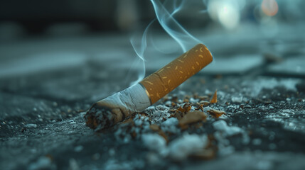 Close up of a cigarette butt, symbolizing the danger of smoking - obrazy, fototapety, plakaty
