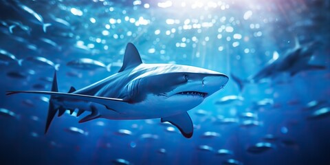 Obraz premium Wild life under water nature outdoor sea ocean big fish blue shark background. Deep dive scuba diving hunter animal