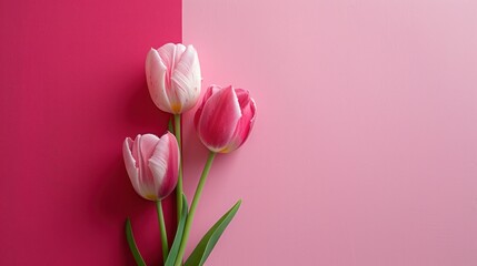 Beautiful pastel minimalistic pink background with pink tulips