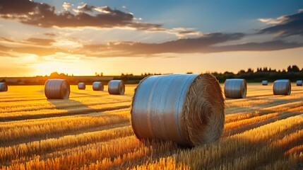 Depicts a vast hay field stretching towards the horizon - obrazy, fototapety, plakaty