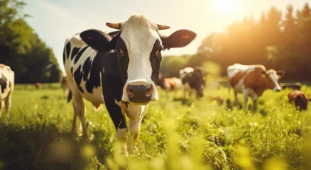 Fototapeten cow in farm in full sun with cows walking in the park © yganko