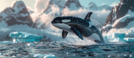 An orca jumping out of the water, leaping between icebergs