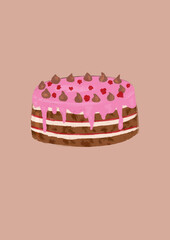 Chocolate cake icon illustration. Background for postcards, advertising, brand book for cafes, restaurants, food delivery.