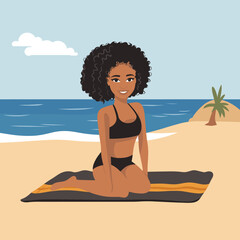 African American woman sitting towel beach. Smiling young lady bikini enjoying tropical sea shore. Summertime vacation beach relaxation vector illustration