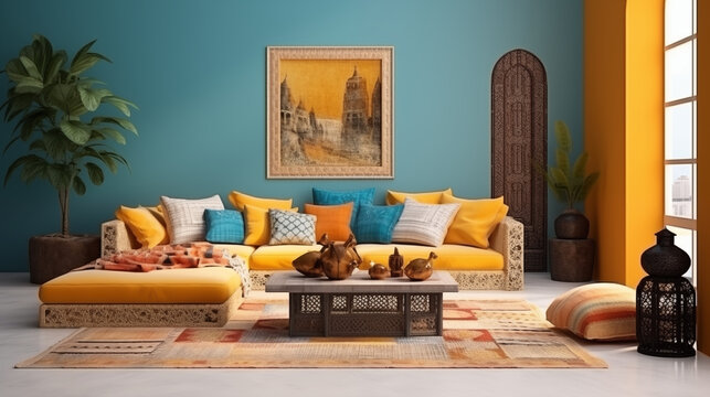 Fototapeta Jasny salon boho - marokański mockup dla obrazu na ścianie. Żółty i niebieski kolory wnętrza. Render 3d. Wizualizacja. Sofa z poduszkami i stolik