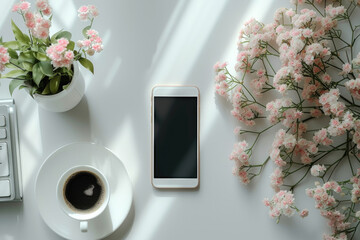 A simple yet elegant scene, where a cup of steaming coffee sits next to a vase of vibrant roses, while a mobile phone and ipod rest on the table, surrounded by delicate tableware, against a wall - obrazy, fototapety, plakaty