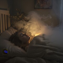 a woman lying in bed with smoke coming out of her mouth