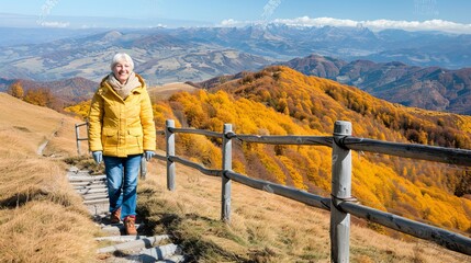 Fototapeta na wymiar Energetic senior woman with a cheerful smile hiking in the picturesque mountain scenery
