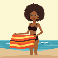 African American woman holding towel beach swimsuit. Cheerful lady seaside summer vibe. Beach holiday summer fashion vector illustration