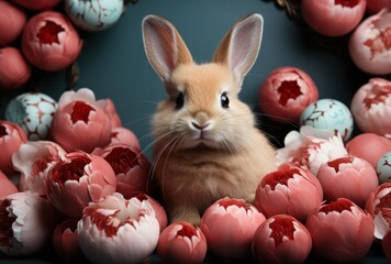 pastel pink background with a white rabbit and various colored easters eggs