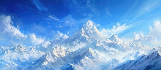 Obraz premium A painting showcasing a grand mountain range with towering peaks against a backdrop of fluffy white clouds in a deep blue sky. The mountains dominate the scene, creating a sense of awe and beauty in