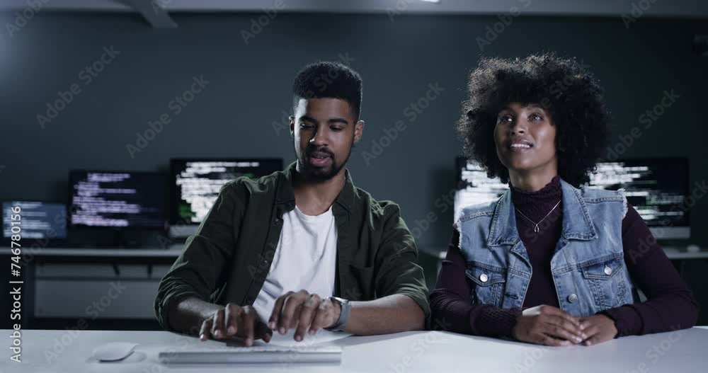 Leinwandbilder Software programmer, virtual screen and people talk about HTML script, cybersecurity system or code. Programming, developer and night partner cooperation, conversation and coding server for network