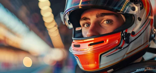 Poster Handsome racing driver in a helmet looks at the camera and smiles © yganko