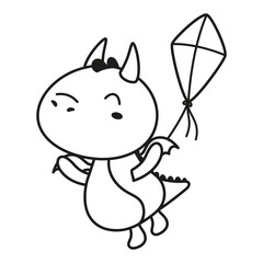 little dragon is holding kite, outline vector illustration with cute animal isolated on white background