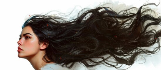 Fototapeta na wymiar A painting featuring a young lady with dark, flowing hair against a plain white background. The womans long hair cascades down her back, framing her face delicately.