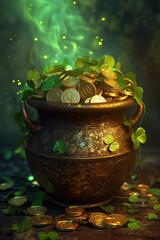 A pot with coins and shamrocks. St. Patrick's day card
