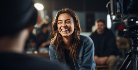 woman sitting in filmmaking studio smiling and speaking with video crew