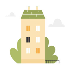 Narrow tiny countryside house. Countryside cozy cottage, residential building cartoon vector illustration