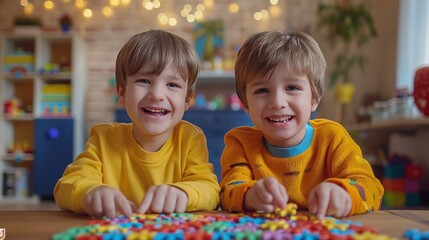 Two boys in bright clothes sit at a table and put together a bright puzzle