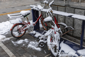 Bicycle covered with snow in winter. Bike covered with fresh snow. Bicycle in the snow