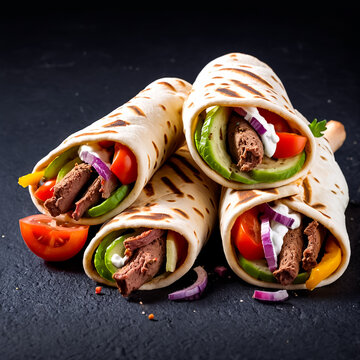 Traditional Greek gyros with meat, vegetables and sauce. Generative AI
