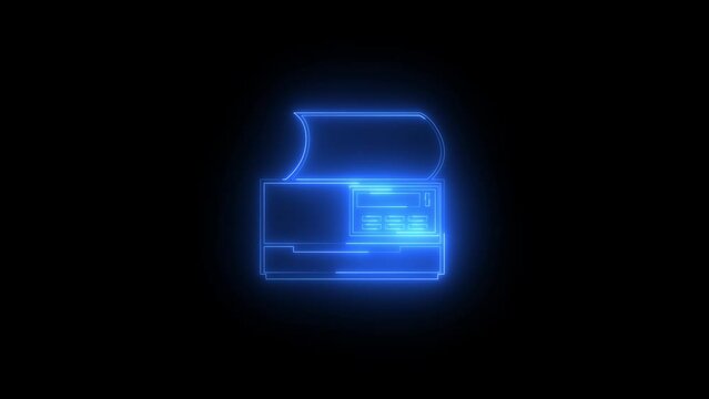 Neon glowing blue printer animation in black background