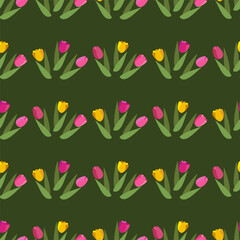 Flat vector seamless pattern with spring flowers tulip.