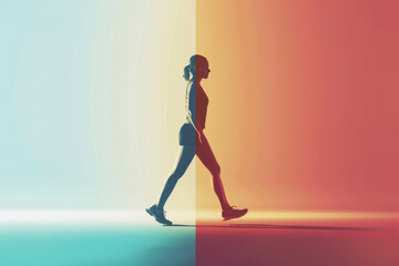 Silhouette of a woman walking between colorful gradient background