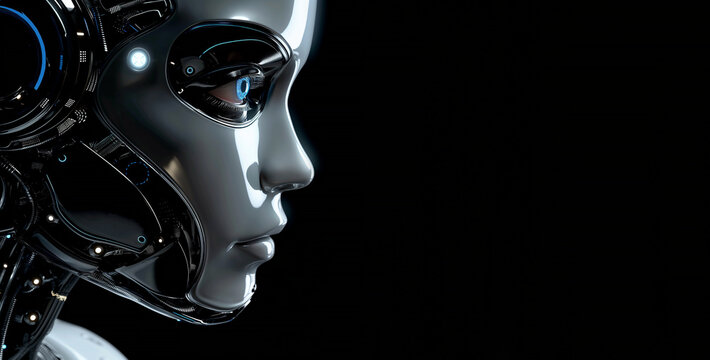 White robot face on a black background. Artificial intelligence AI concept