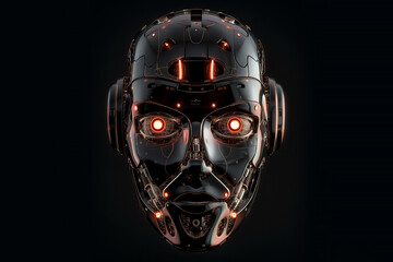 Black robot face on a black background. Artificial intelligence threat concept
