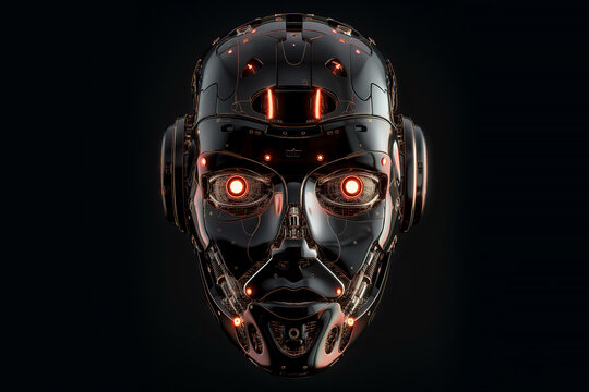 Black robot face on a black background. Artificial intelligence threat concept