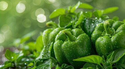 Fresh green bell peppers with water drops on textured backdrop, great for vegetable themed designs. - Powered by Adobe