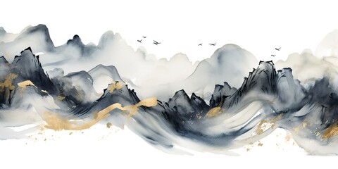 Abstract geometric drawing painting ink sketch golden brown mountains hills rocks on white background. Adventure explore - obrazy, fototapety, plakaty