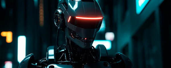 Robot o androide en formato 5:2 primer plan ode la cabeza ojos brillantes - obrazy, fototapety, plakaty
