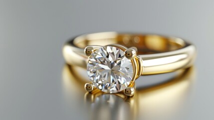 Gold jewelry. Gold jewelry. Product shoot, macro shot, gold wedding ring with diamond on shiny surface. Wedding. Love. Luxury. 