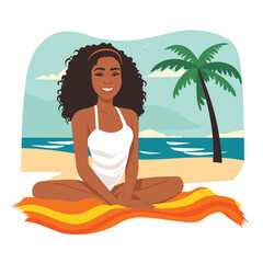 African American woman meditating beach towel. Smiling female practicing yoga tropical scenery. Relaxation wellness vacation vector illustration