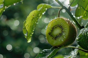 A vibrant kiwi fruit hanging from a tree surrounded by lush green leaves in a forest setting,...