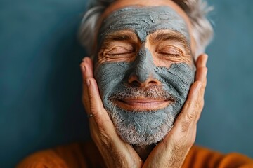 An elderly man indulging in a self-care routine, with a facial mask applied to his skin, exuding a sense of relaxation and rejuvenation