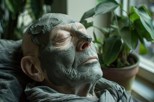 An elderly man peacefully sits beside a potted plant, his face adorned with clay as he engages in the art of sculpting