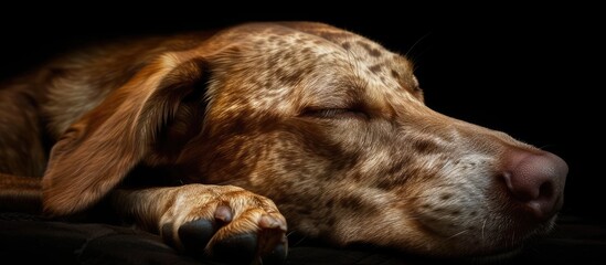 An adorable dog is captured in a peaceful slumber, laying down with eyes closed. The dog is sleeping soundly, dreaming of canine bliss.