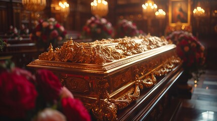 The image shows a luxurious coffin, decorated with gold designs and surrounded by many bright flowers. The coffin is located in a room with architecture,
Concept: funeral, funeral of a king monarch, f - obrazy, fototapety, plakaty