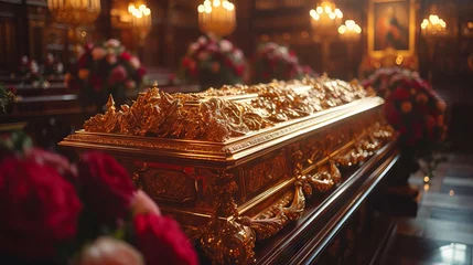 Fotobehang The image shows a luxurious coffin, decorated with gold designs and surrounded by many bright flowers. The coffin is located in a room with architecture, Concept: funeral, funeral of a king monarch, f © Kostya