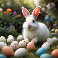 Fototapeta na wymiar A charming white bunny with large, attentive ears sits amidst colorful Easter eggs in a vibrant garden blooming with flowers. The image exudes a warm, festive atmosphere
