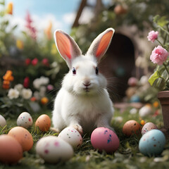 A charming white bunny with large, attentive ears sits amidst colorful Easter eggs in a vibrant garden blooming with flowers. The image exudes a warm, festive atmosphere
