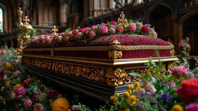 The image shows a luxurious coffin, decorated with gold designs and surrounded by many bright flowers. The coffin is located in a room with architecture,
Concept: funeral, funeral of a king monarch, f