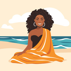 Smiling African woman sitting beach yellow sarong. Afro hairstyle, happy, sea, summer dress vector illustration