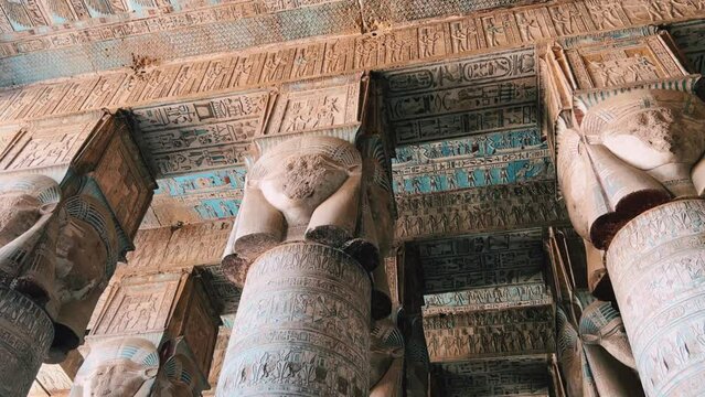 The ruins of the Egyptian temple complex Dendera. Museum in Egypt. Hathor Temple. The Denderian zodiac. The complex is a mixture of ruined temples, chapels, pylons and other buildings. Egypt 2022. 4K