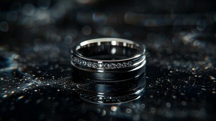 Fototapeta na wymiar Platinum jewelry. Product shoot, macro shot, platinum wedding ring with diamond on shiny black surface. Dark background.