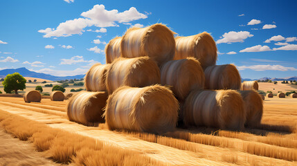 Depicts a vast hay field stretching towards the horizon